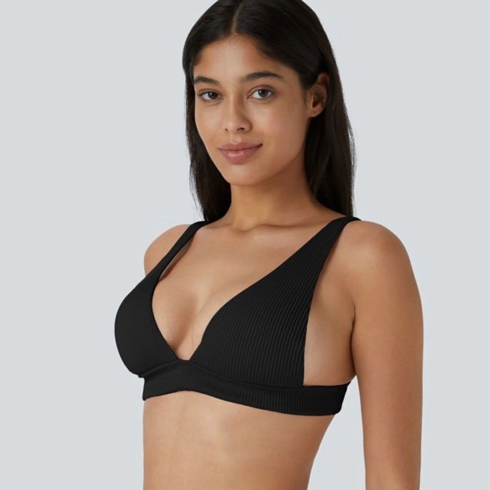 Halara Black Ribbed Deep V Tie Back Bikini Top